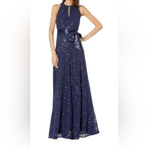 Elegant Navy Blue Sequin Evening Gown size 18 and scarf